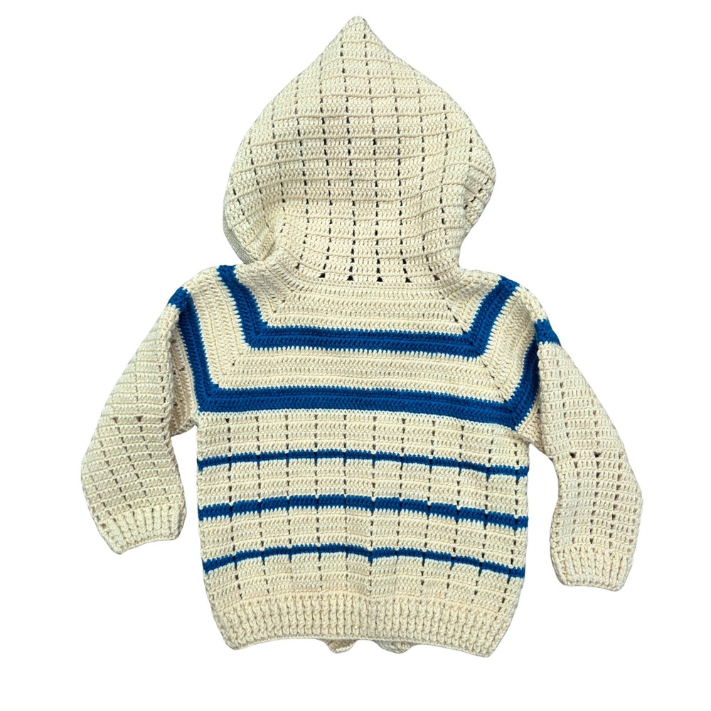 Handmade Boy's Sweater‎ Size 6 Cream Blue Stripe Hood Crochet Nautical Button - Picture 7 of 7
